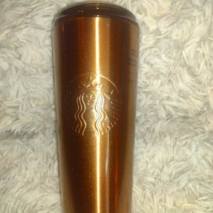 2022 Gold 16 oz steel Starbucks cup with amber lid